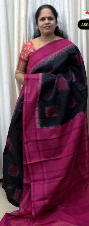 Black Handloom Cotton Saree With Pink Border | ASG670