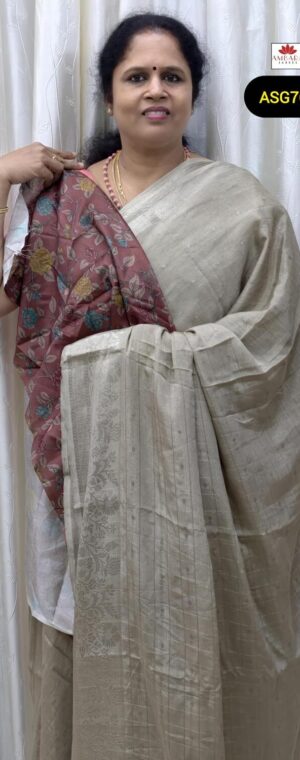 Grey Chiffon Saree with Zari Checked Body | ASG766
