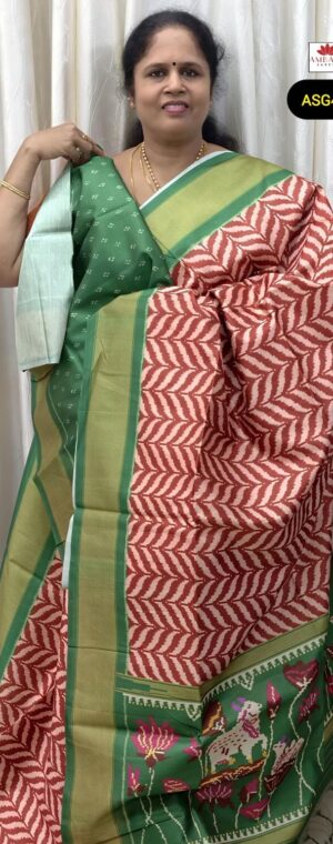 Red Semi Tussar Saree with Woven Zigzag & Green Border | ASG430