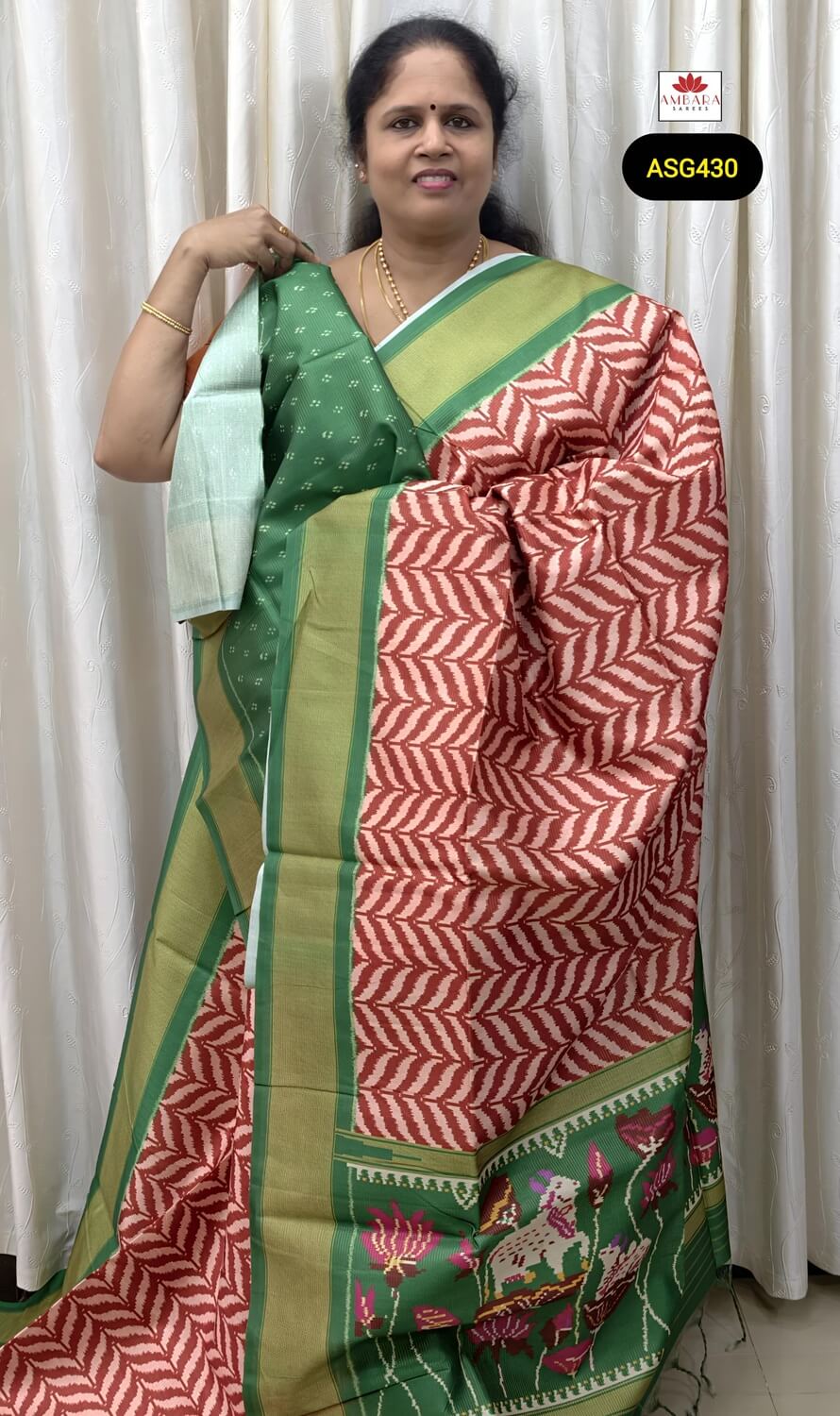 Red Semi Tussar Saree with Woven Zigzag & Green Border | ASG430