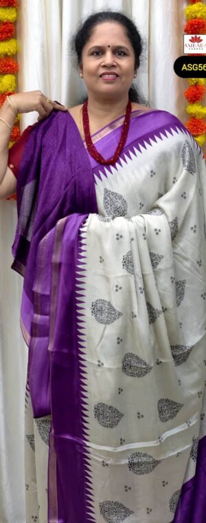Grey Color Butta Printed Chiffon Sarees With Purple Border | ASG560