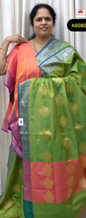 Green Color Zari Butta Weaved Semi Soft Silk Saree With Blue Border | ASG827