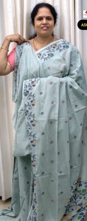 Light Sky Blue Color Floral Printed Soft Munga Cotton Saree | ASG821