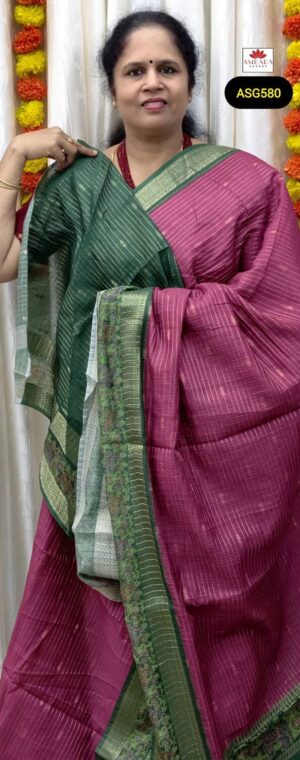 Pink Color Striped Pattern Semi Tussar Saree With Green Border | ASG580