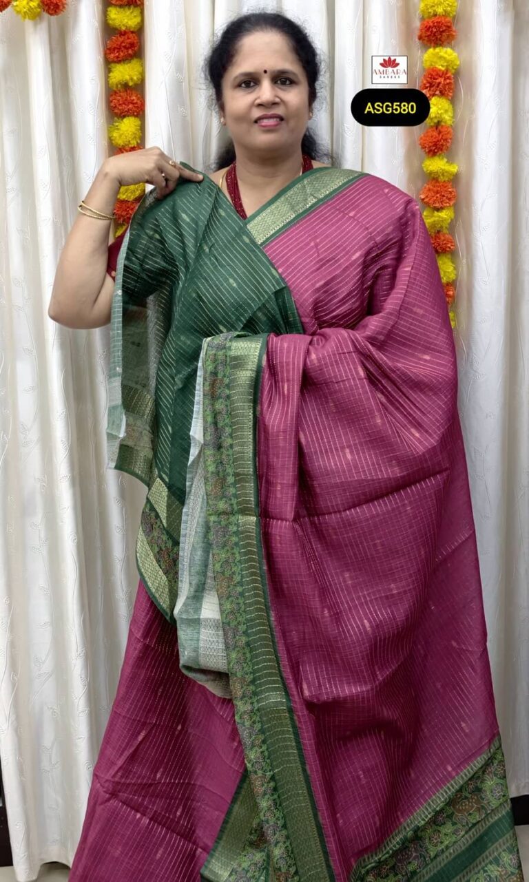 Pink Color Striped Pattern Semi Tussar Saree With Green Border | ASG580