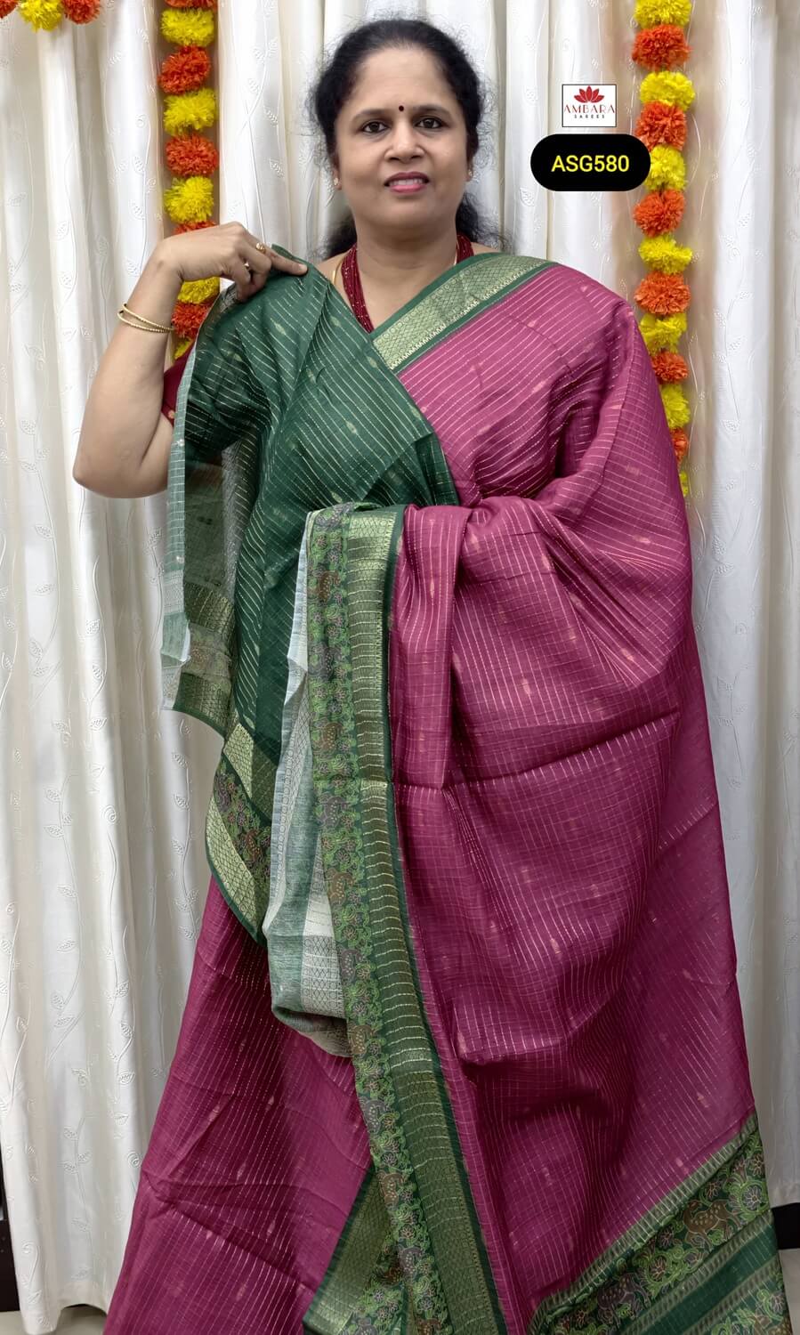 Pink Color Striped Pattern Semi Tussar Saree With Green Border | ASG580