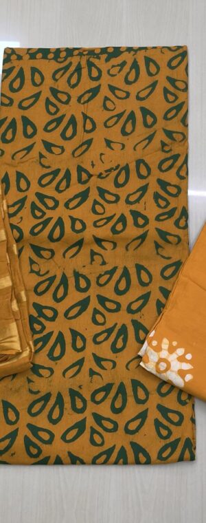 Yellow With Green Batik Printed Cotton Chudithar Material | ASG418