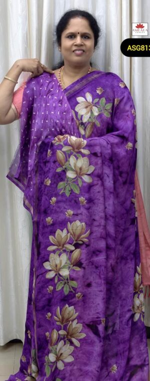 Purple Color Floral Printed Chiffon Saree | ASG813