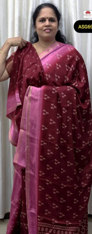 Maroon Butta Print Chiffon Saree With Pink Border | ASG699