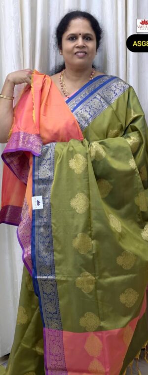 Green Color Zari Butta Weaved Semi Soft Silk With Blue Border | ASG824