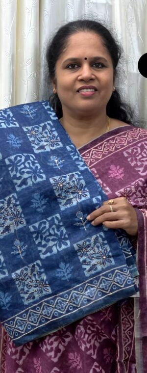 Navy Blue Floral Kantha Cotton Saree With Stitch Box Pattern | ASG684