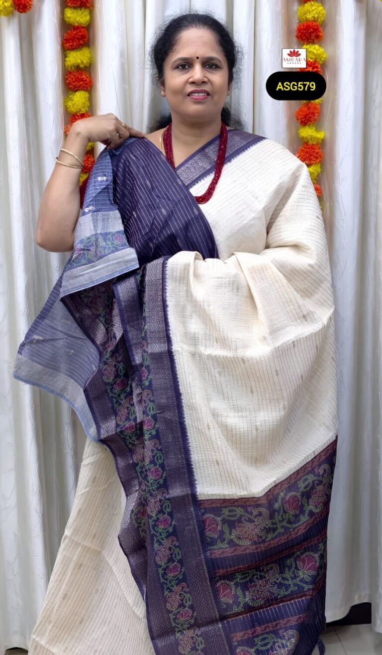 White Semi Tussar Saree Blue Border Peacock Motif Pallu | ASG579