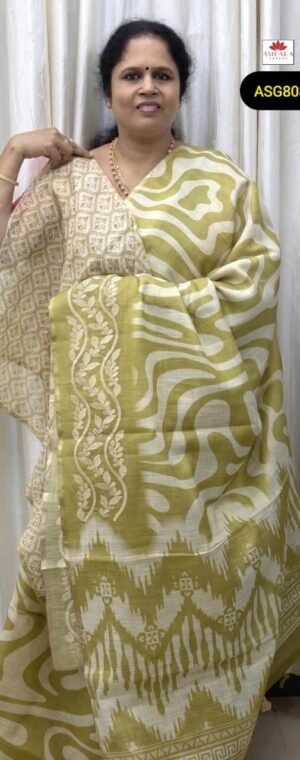 Light Green Color Thread Embroidery Worked Linen Cotton Saree | ASG808