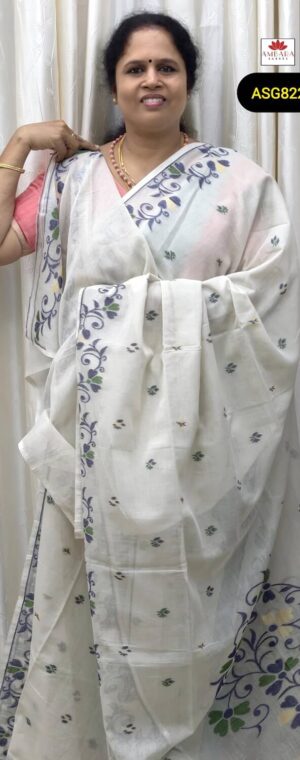 White Color Floral Printed Pure Munga Cotton Saree | ASG822