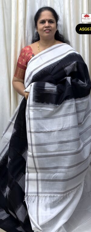Black Checkered Handloom Cotton Saree White Border | ASG671