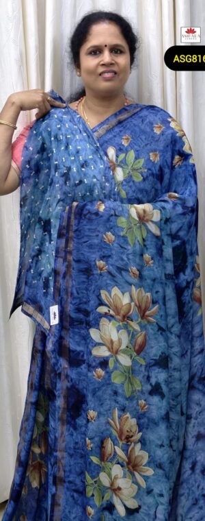 Ink Blue Color Floral Printed Chiffon Saree | ASG816
