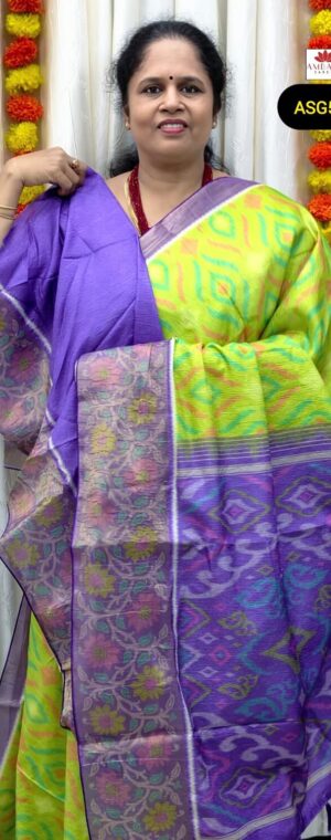 Light Green Pochampally Semi Tussar Saree with Purple Border | ASG542