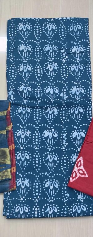Blue With Red Batik Printed Cotton Chudithar Material | ASG420