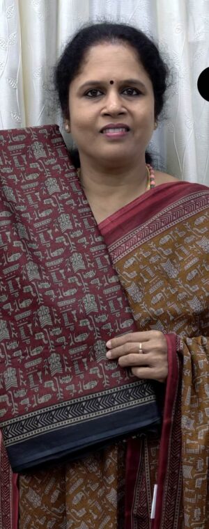 Maroon Muslin Cotton Saree with Warli Art Print | ASG776