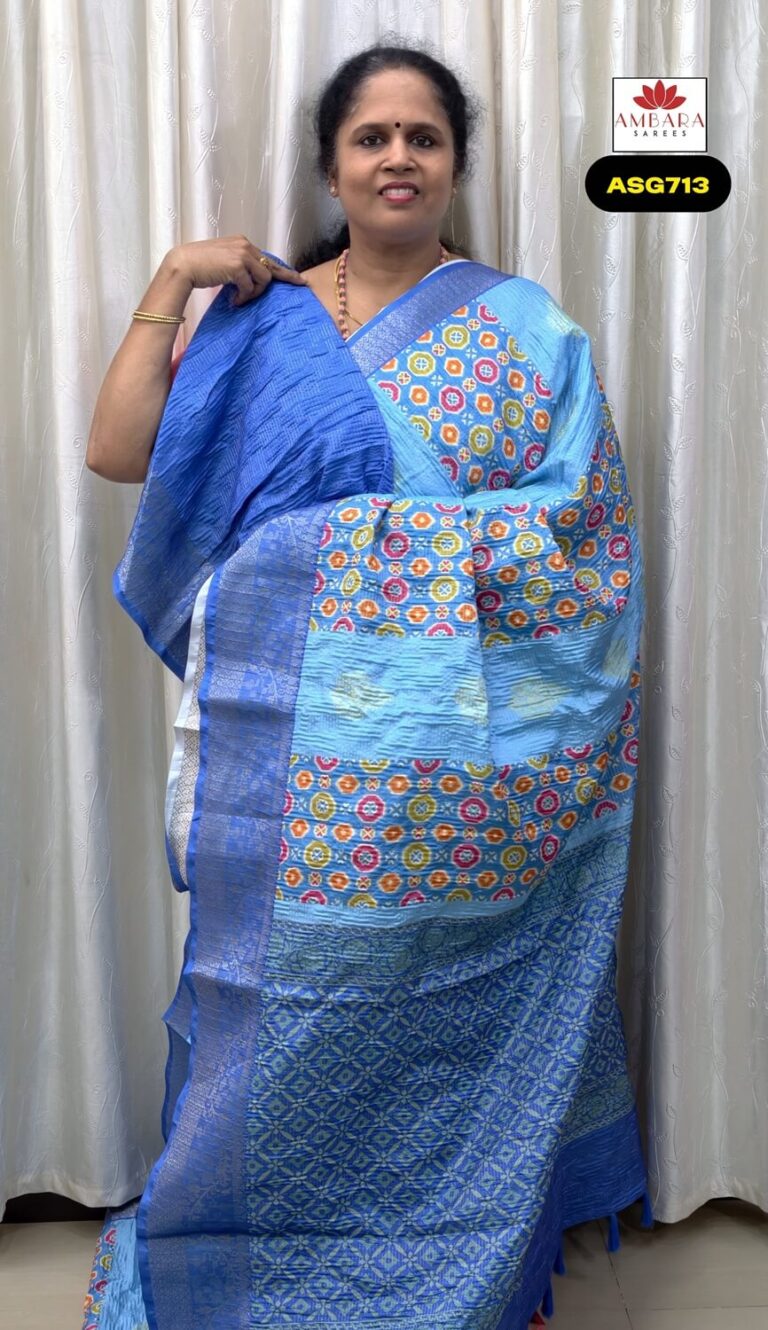 Light Blue Geometrical Pattern Crushed Semi Tussar Saree | ASG713