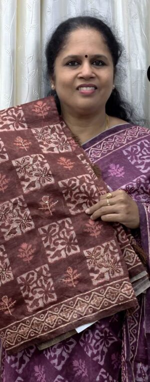 Brown Floral Kantha Stitch Box Pattern Soft Cotton Saree | ASG685