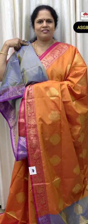 Orange Color Zari Butta Weaved Semi Soft Silk Saree With Pink Border | ASG828