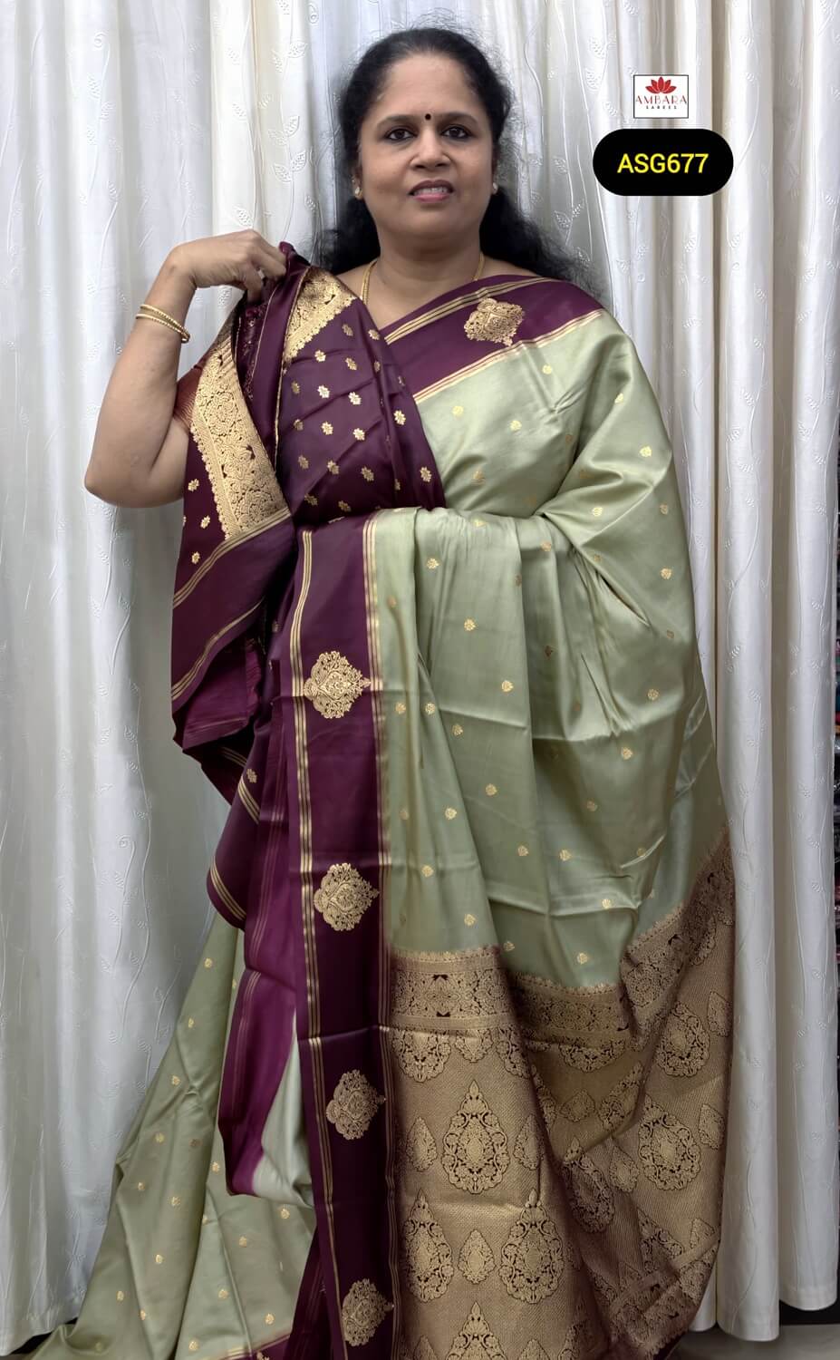 Light Pista Green Color Gold Zari Weaved Gajji Silk With Wine Border | ASG677
