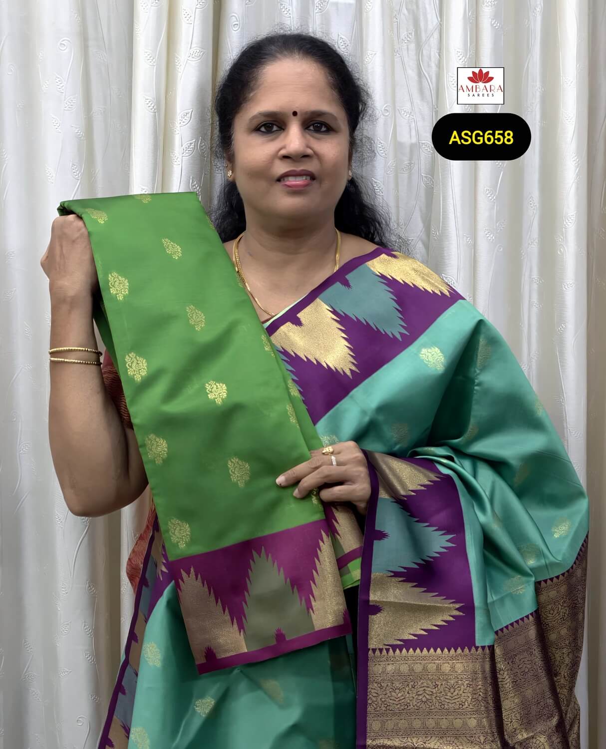 Green Semi Silk Saree With Magenta Zari Woven Border | ASG658