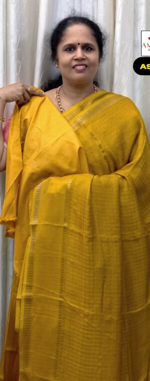 Yellow Self Zari Border Checked Semi Crepe Saree | ASG733