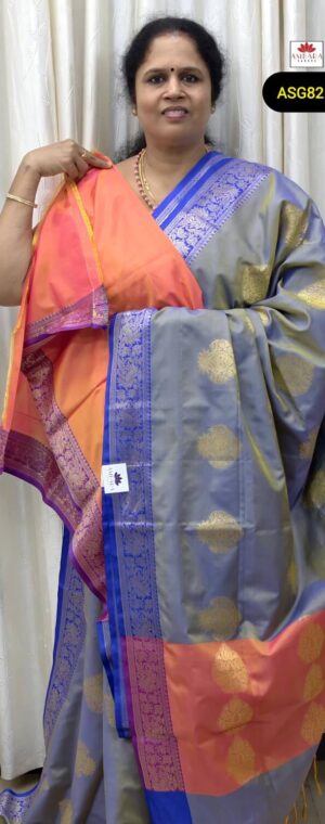Ink Blue Color Zari Butta Weaved Semi Soft Silk Saree With Orange | ASG825