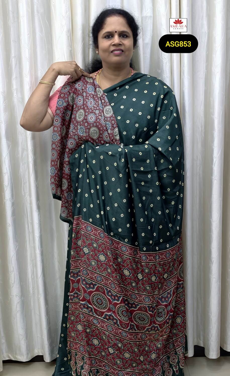 Bottle Green Bandhini Semi Crepe Saree With Printed Pallu | ASG853