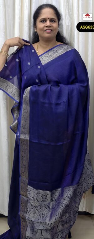 Navy Blue Color Georgette Saree With Silver Zari Banarasi Border | ASG633
