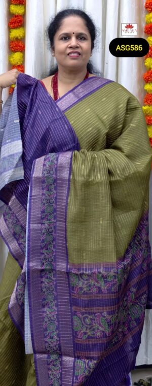 Olive Green Color Striped Pattern Semi Tussar Saree With Purple Border | ASG586