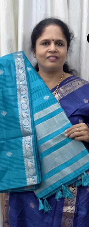 Dark Sky Blue Kolam Motif Semi Tussar Saree with Blouse | ASG462
