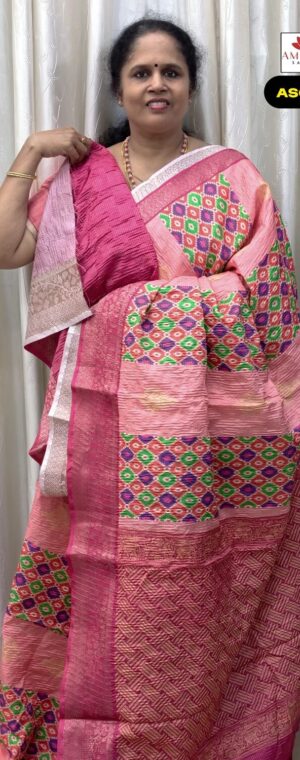 Light Pink Geometrical Pattern Crushed Semi Tussar Saree | ASG717
