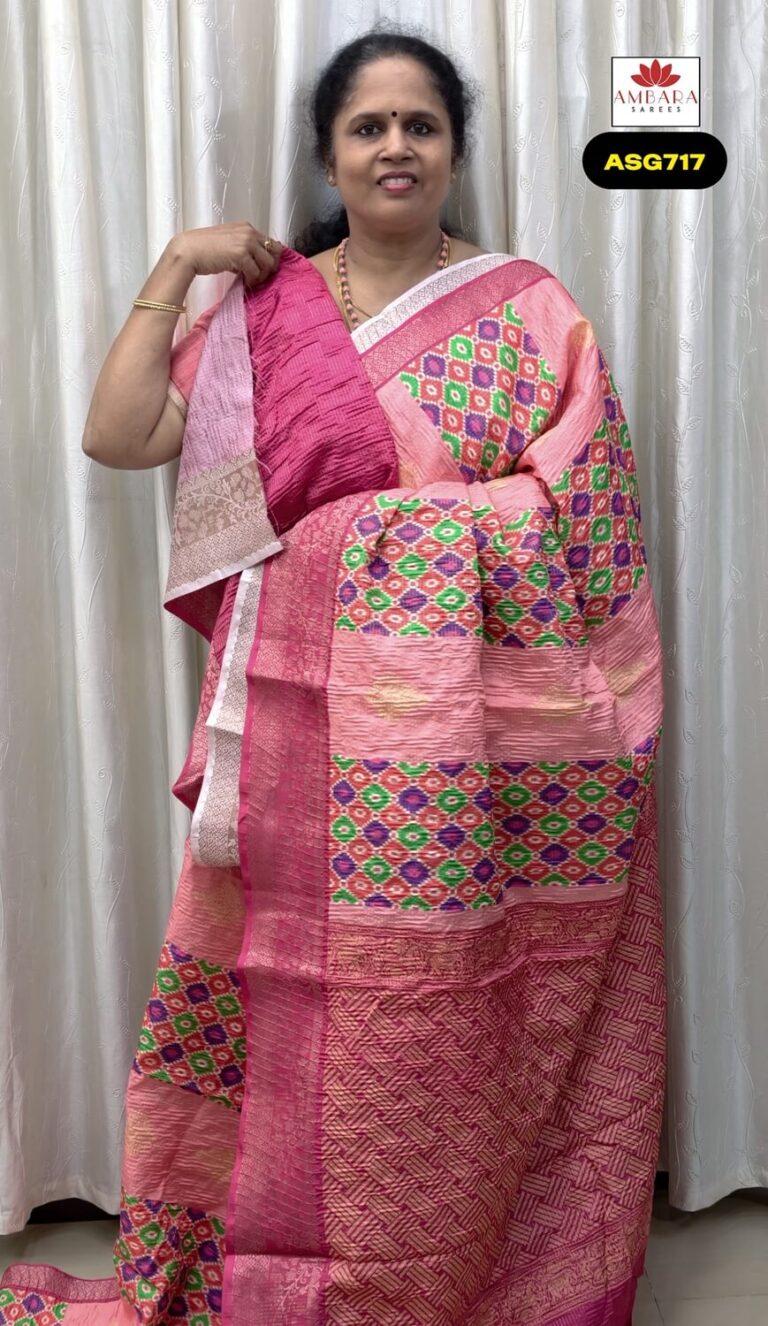 Light Pink Geometrical Pattern Crushed Semi Tussar Saree | ASG717