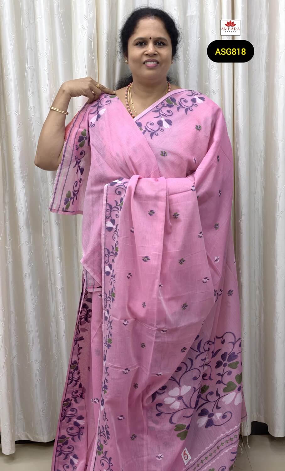 Pink Color Floral Printed Pure Munga Cotton Saree | ASG818