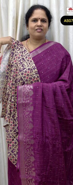 Magenta Chiffon Saree with Zari Checked Body | ASG761