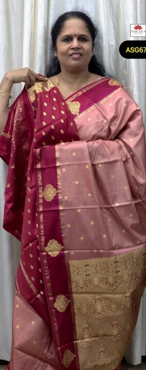 Light Peach Gold Zari Gajji Silk Saree With Pink Border | ASG679