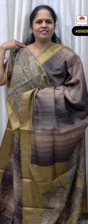 Greyish Striped Semi Tussar Saree With Mustard Border | ASG626