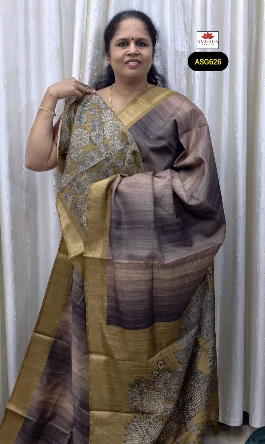 Greyish Striped Semi Tussar Saree With Mustard Border | ASG626