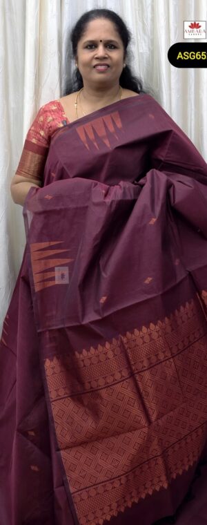 Magenta Cotton Saree With Copper Zari Temple Border | ASG852
