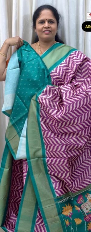 Magenta Semi Tussar Saree with Zig Zag Pattern & Green Border | ASG431