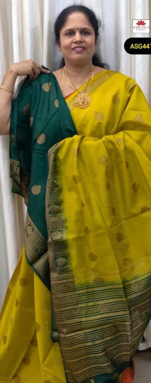 Yellow With Green Border Gold Zari Butta Weaved Bamboo Silk Saree | ASG441