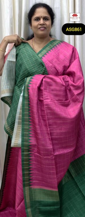 Pink Checked Pattern Semi Tussar Saree With Green Border | ASG861