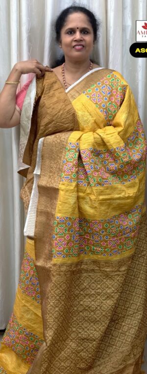 Light Yellow Geometrical Pattern Crushed Semi Tussar Saree | ASG714