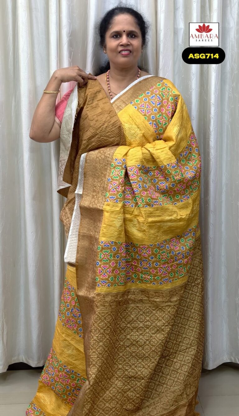 Light Yellow Geometrical Pattern Crushed Semi Tussar Saree | ASG714