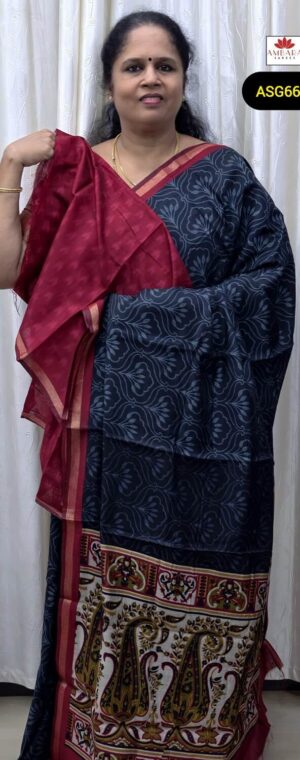 Black Color Floral Printed Viscose Cotton Saree With Red Border | ASG666