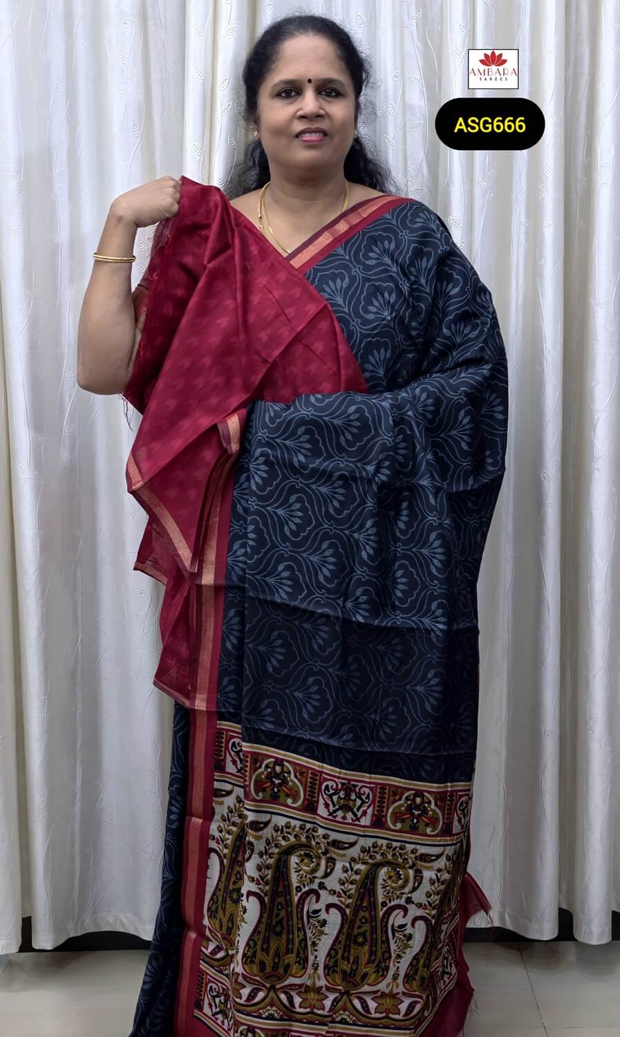 Black Color Floral Printed Viscose Cotton Saree With Red Border | ASG666