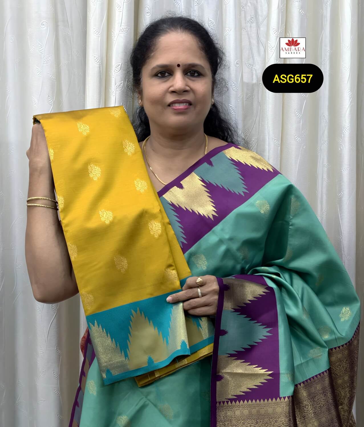 Gold Yellow Semi Silk Saree With Contrast Pallu Design | ASG657